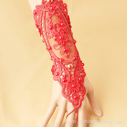 Red Braided Wrap Bracelets With Pearl Lace Bangle For Bride